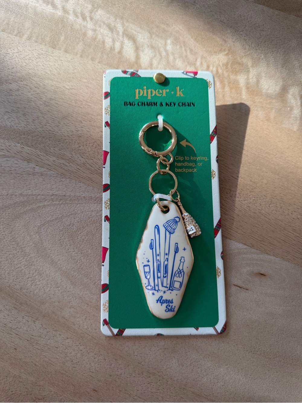 Piper.k Ceramic Bag Charm Keychain - White & Blue with Gold Hardware
